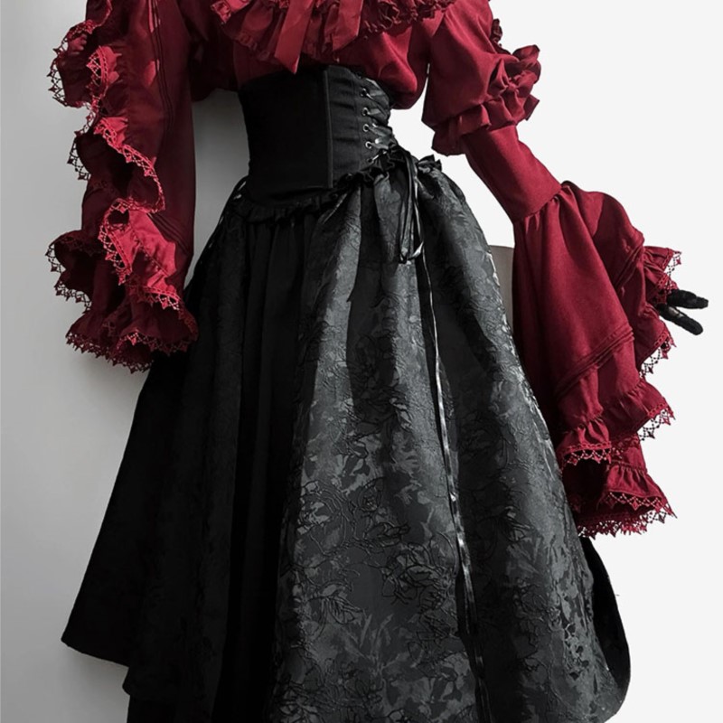 Women'S Red Formal Wear - 黒と赤のゴシックスタイルの長袖ドレス,ハロウィーン用