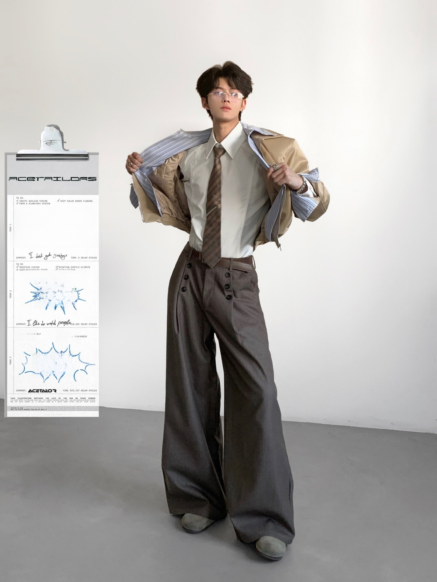 Tailored Trouser Wide - エーステーラーズ メンズカジュアルストライプスーツパンツ ルーズワイドレッグAラインドレープコットンブレンド ファッションアーバンスタイルサマートラウザーズ
