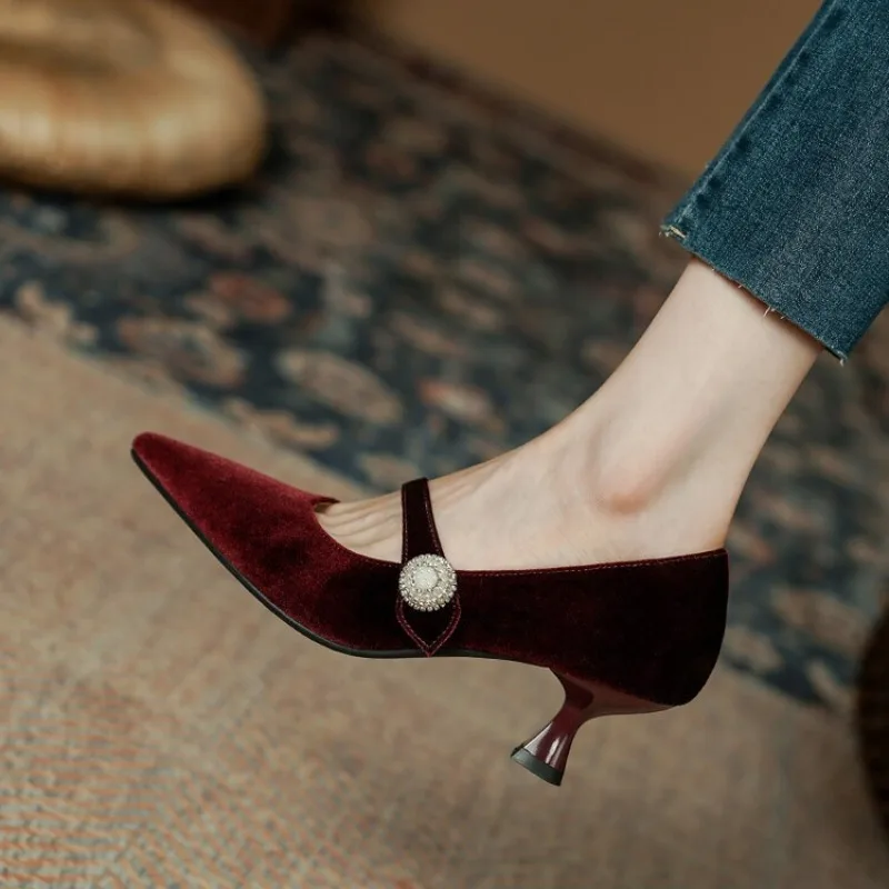 Womens Heels - ワインレッド ポインテッドトゥ メリージェーンシューズ レディース ヴィンテージ ワンバックル