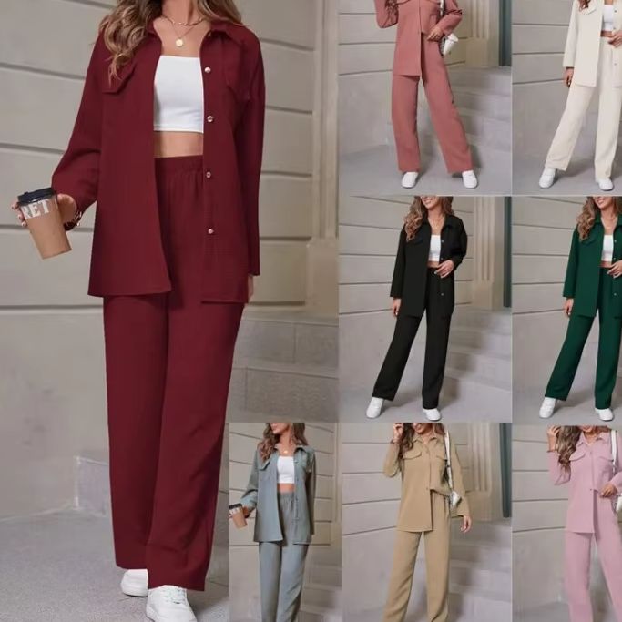 Womens Blazer - 春と秋の新作ツーピースセット トレンドのワッフルラペルカーディガン カジュアルスーツ レディース ツーピースセット 女性用アウトフィット