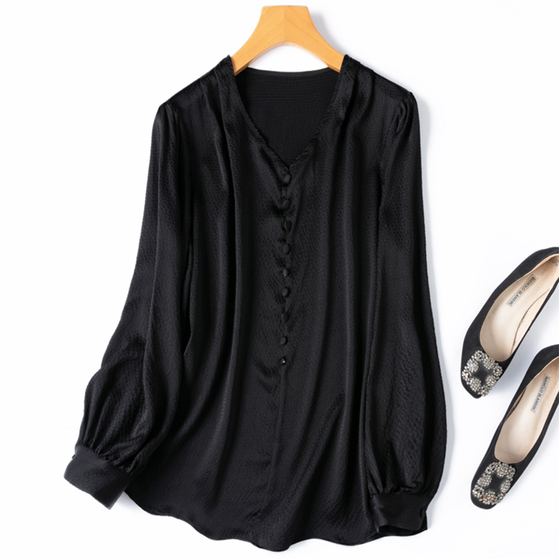 Silk Blouse - レディースシルクブラウス 93%桑絹 7%スパンデックス 19匁 ブラック Vネック