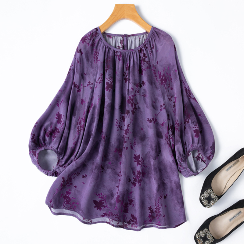 Silk Blouse - レディースシルクブラウス 100% マルベリークレープシルク パープル 花柄プリント ルーズタイプ
