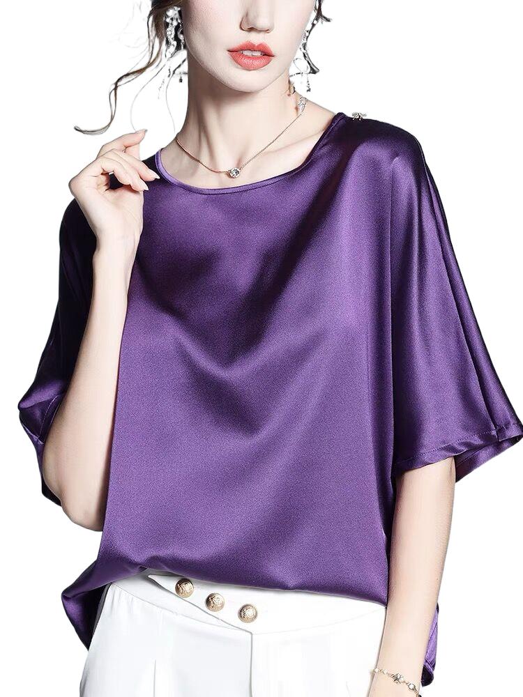 Silk Blouse - イングランド風のエレガントなヴィンテージブラウス。2026年秋の新作。女性用、アイスシルク素材、プラスサイズ対応、半袖、アセテートサテン素材、キャンディカラー。