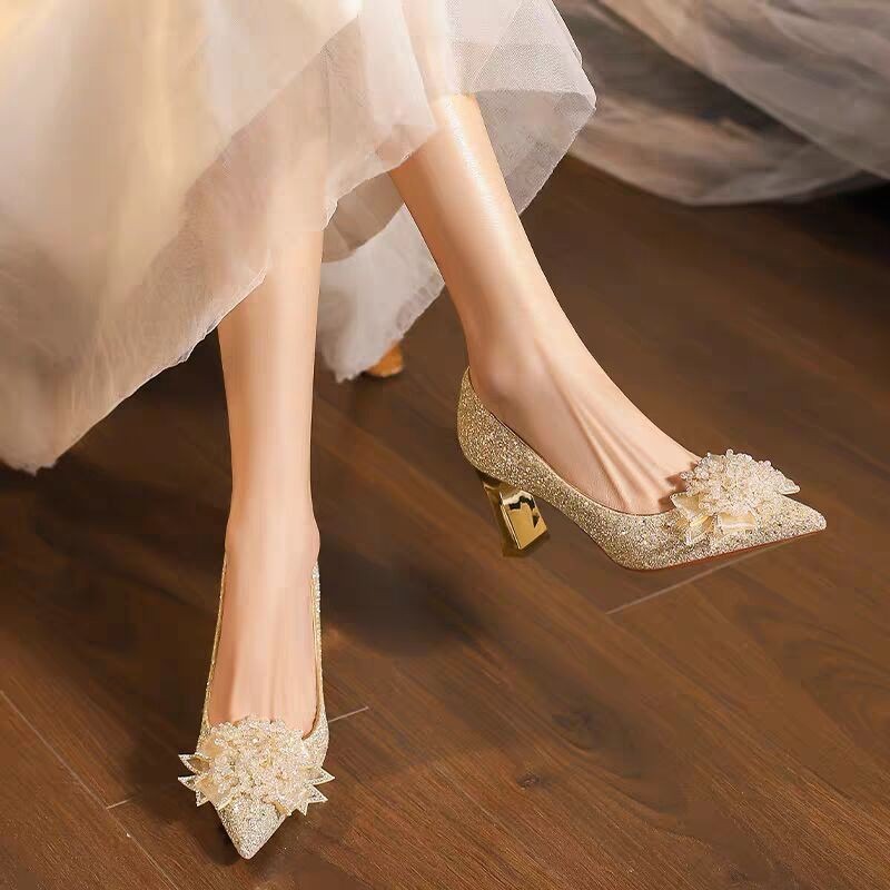 Pump Heel Block - ラインストーンフラワーブロックヒールシングルシューズファッションポインテッドトゥシャローマウススリッポンパンプスヒール