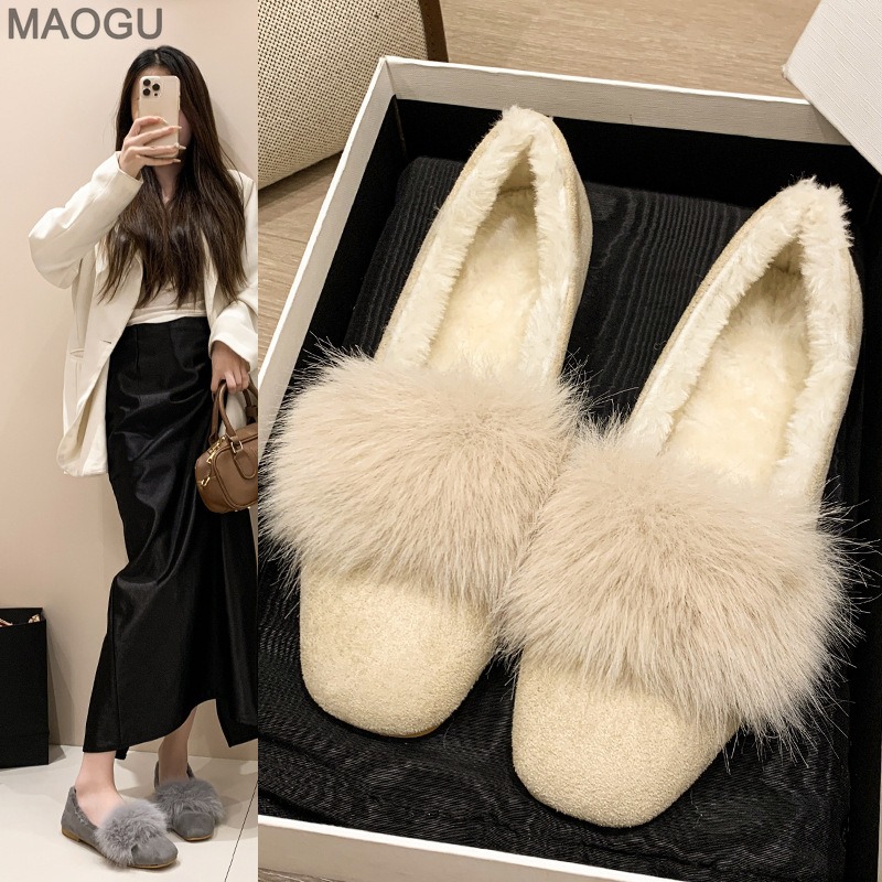 Womens Heels - レディースプラッシュフラットシューズ 2025 秋冬 フェイクファー裏地 ソフトソール モカシン