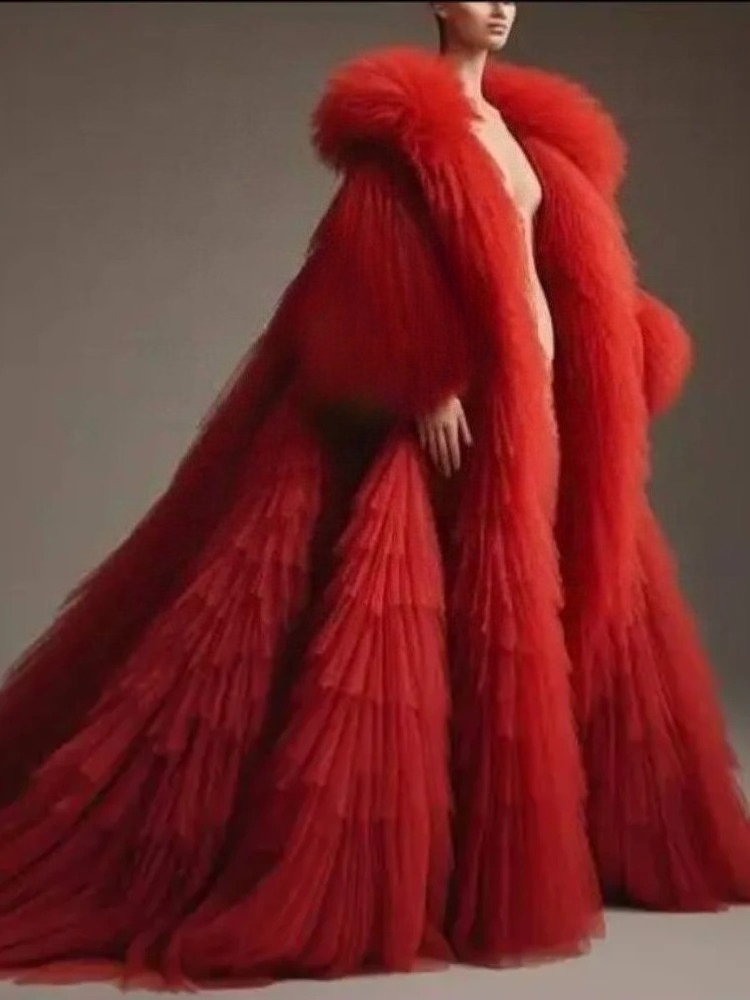 赤いふわふわプリーツフリル長袖マントふわふわティアードチュー - Women'S Red Formal Wear のレビューと価格