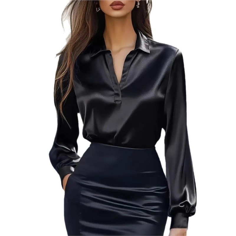 女性カジュアルソリッドスムースサテン長袖シャツ春 V ネック - Silk Blouse のレビューと価格