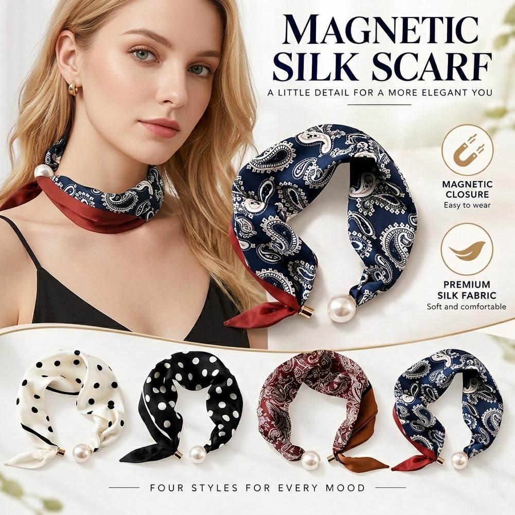 パールバックル付きシルクスカーフ、プリント柄の薄手ネックウォ - Silk Blouse のレビューと価格