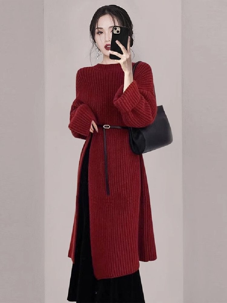 女性のエレガントな赤いニットドレス秋冬長袖ミディオーバーニー - Women'S Red Formal Wear のレビューと価格