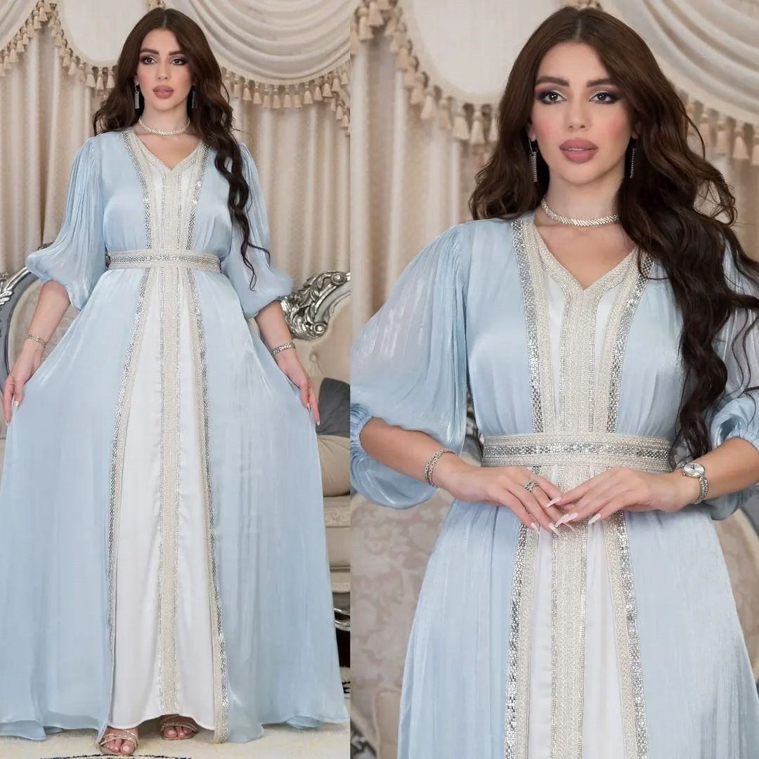 ラベンダー色のスパンコールドレス、Vネック、パフスリーブ、サ - Formal Dress のレビューと価格